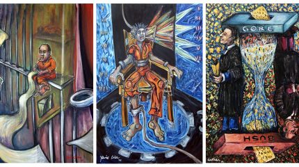 three paintings showing man in prison, man on electric chair, and large hour glass flanked by two men in robes