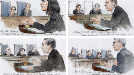 photo array showing individual sketches of one woman and three men arguing before justices